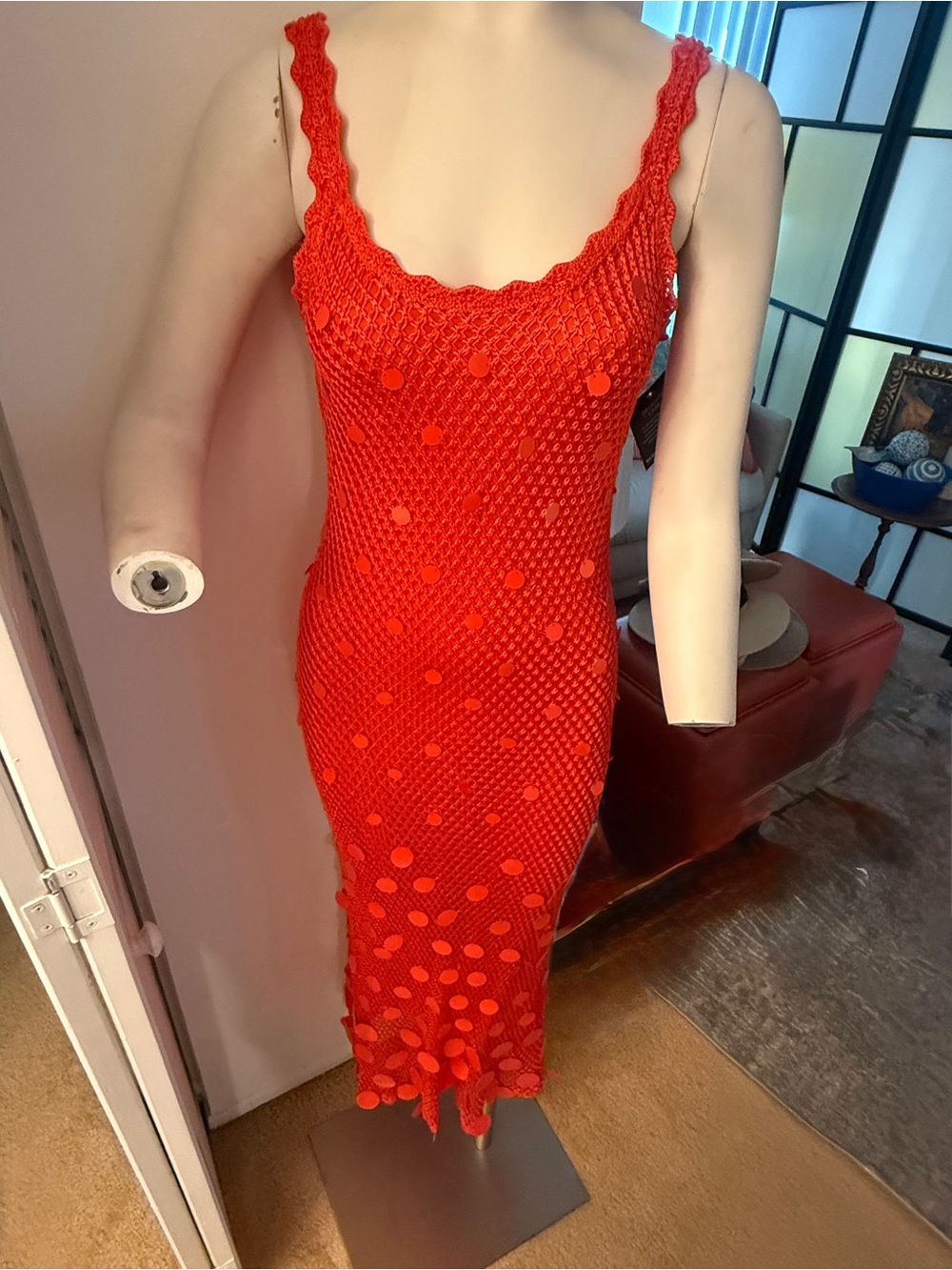 NWT Unique BOSTON PROPER Women's Orange  crochet Pailettes maxi dress SIZE SMALL